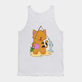 Cat as Fisher with Fishing rod & Fish Tank Top